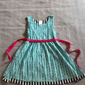 Ella & Lulu Aqua Lace Dress with Black & White Knit Lining and Pink Sash